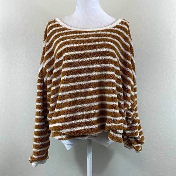 Free People brown and white stripe fuzzy long sleeve sweater size medium - Picture 1 of 9